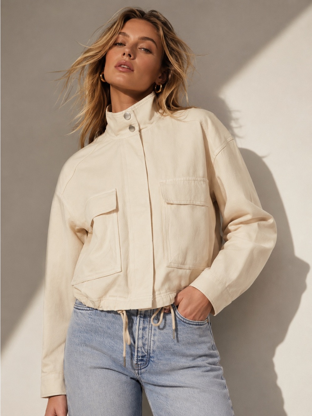 NWT Scotch & Soda Amsterdam Utility Jacket Cream Beige Cropped Drawstring Cotton